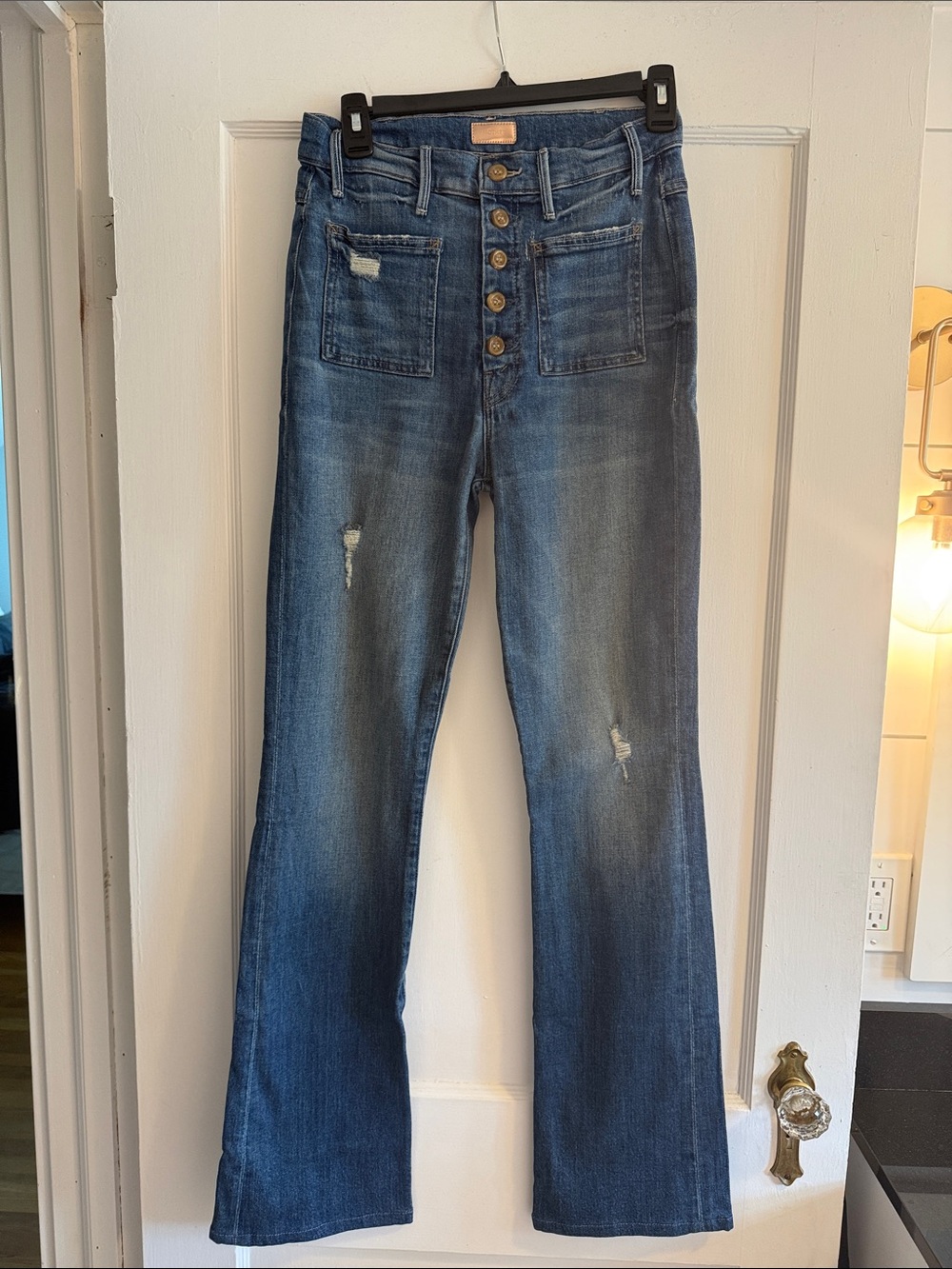 Mother High-Rise Button-Fly Flare Jeans in Blue Denim